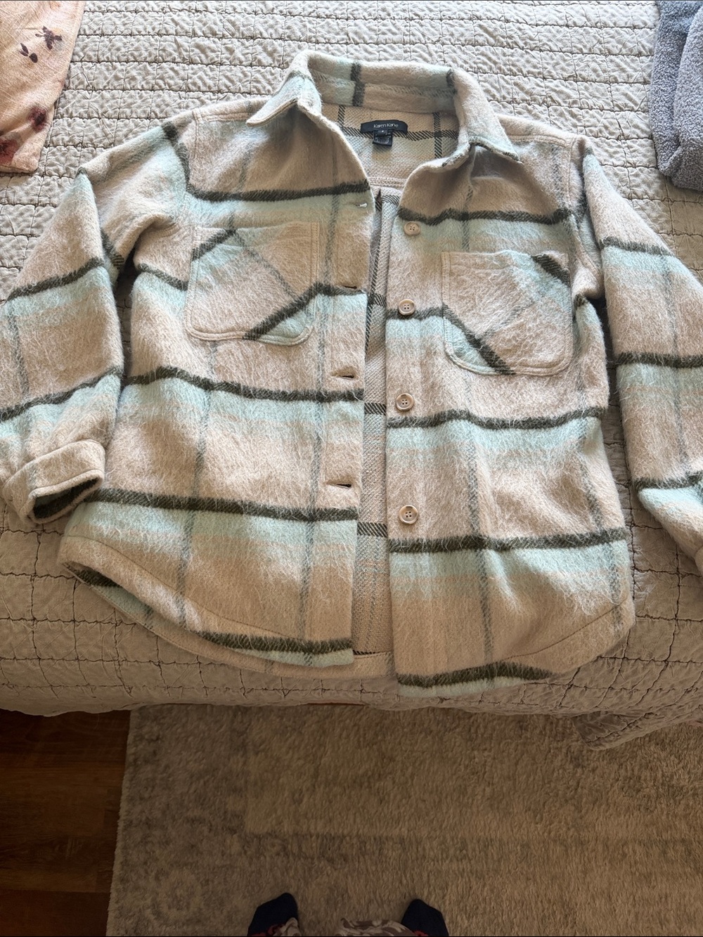 Karen Kane Beige Plaid Utility Shacket with Mint and Dark Green Stripes